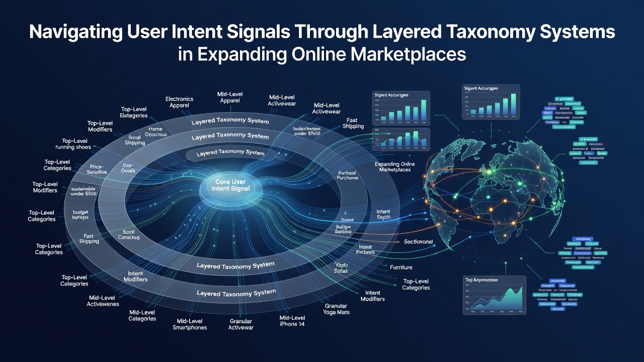 Screenshot of marketplace dashboard displaying layered taxonomy filters and real-time user intent signal metrics